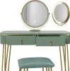 A green vanity table with gold legs and a matching stool, shown with two illuminated mirrors. Produktbild-Vorschau