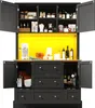 A black cabinet with yellow interior, filled with various kitchen items and bottles. Podgląd zdjęcia produktu