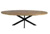 A product shot of an oval dining table with a wooden top and black metal legs, set against a white background. Voir les images du produit