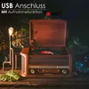 A vintage-style record player and stereo system is displayed on a wooden surface, surrounded by lush green foliage. A vintage-style lamp is also present. Produktbild-Vorschau