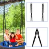Three children are sitting on a blue swing in a garden. Voir les images du produit