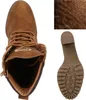 A top-down view of a brown lace-up boot, with a close-up of the sole and a texture sample of the material. Produktbild-Vorschau