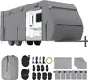 A grey caravan cover is shown on a white background, with various accessories laid out below. Náhled obrázku produktu