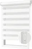 A white roller blind with horizontal stripes of opaque and sheer fabric, shown in a window frame. Produktbild-Vorschau