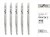 A set of five Bosch reciprocating saw blades for wood cutting, displayed alongside packaging information. Voir les images du produit