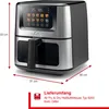 A product shot of an air fryer with dimensions and delivery contents indicated. Produktbild-Vorschau