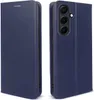 A dark blue flip cover case for a smartphone is shown from two angles. Produktbild-Vorschau