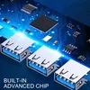 A close-up view of a USB hub with multiple ports, set against a backdrop of a blue circuit board. Produktbild-Vorschau