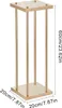 A gold-colored metal plant stand with square top and base, supported by four vertical rods. Dimensions are indicated by text overlays. Voir les images du produit