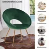 A dark green velvet accent chair with gold metal legs is shown on a brown rug, with smaller circular images of different room settings (living room, bedroom, dining room, office) on the right side. Produktbild-Vorschau