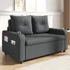 A dark gray sofa bed is shown in a living room setting with artwork on the wall. Voir les images du produit