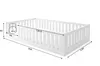 A diagram showing the dimensions of a white wooden bed frame. Produktbild-Vorschau