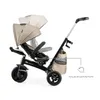 A beige and black Kinderkraft EASYTWIST 5-in-1 tricycle is shown against a white background. The tricycle is angled to show its side profile, with the canopy extended. A line graphic points to the canopy, indicating a reclining position, and the text 'HALB Produktbild-Vorschau