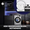 A modern laundry room setting with a dryer and cabinets, featuring a close-up of the dryer's lint filter and a prominent text overlay. Produktbild-Vorschau