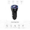 A black car charger with a digital display and blue and red LED lights, shown against a white background with icons and text describing its features. Produktbild-Vorschau