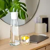 A glass water carafe with a filter and a glass of water with lemon slices sit on a wooden desk next to a laptop. Produktbild-Vorschau