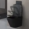 A modern black wall-mounted toilet with a soft-close lid shown in a bathroom setting. Produktbild-Vorschau