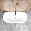 A top-down view of a white oval bathtub with black faucets, set against a marble-patterned background and tiled floor. Produktbild-Vorschau
