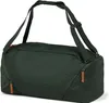 A dark green duffel bag with brown leather accents and adjustable straps is shown against a white background. Produktbild-Vorschau
