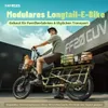 A man is riding a green electric longtail cargo bike loaded with groceries and boxes, with a building in the background. Produktbild-Vorschau