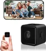 A collage showing a family photo on a phone screen and a small black cube-shaped camera. Produktbild-Vorschau