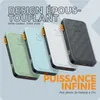 Four power banks in different colors are displayed diagonally, with text overlays promoting their design and power. Voir les images du produit