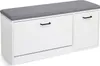 A white storage bench with a gray upholstered seat. Voir les images du produit