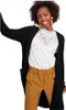 A woman wearing a black cardigan, white lace top, and brown pants. Produktbild-Vorschau