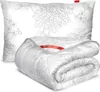 A white pillow and a folded white comforter with a gray floral pattern are displayed against a white background. Podgląd zdjęcia produktu
