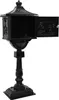 A black cast iron mailbox on a stand, with the door open. Voir les images du produit