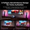 A marketing image showcasing different placement options for a soundbar system with RGB lighting, including desktop and wall mounting. Produktbild-Vorschau