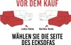 Diagram showing two configurations of a sectional sofa, with text indicating how to choose the side of the corner sofa. Produktbild-Vorschau