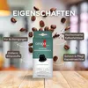 A product shot of cleaning capsules surrounded by coffee beans, with overlaid text describing features. Produktbild-Vorschau