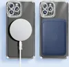 Two iPhone cases are shown side-by-side against a light blue background. The left case has a MagSafe charger attached, and the right case has a blue card holder attached. Produktbild-Vorschau