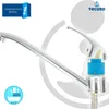 A close-up of a faucet cartridge with a blue control unit and a chrome faucet spout. Produktbild-Vorschau