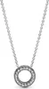 A close-up studio shot of a silver necklace with a circular pendant encrusted with clear stones, set against a plain white background. Anteprima dell’immagine prodotto