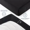 Close-up views of a black fitted sheet, highlighting its elastic band and fit. Produktbild-Vorschau