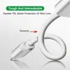Close-up shot of a white charging cable with text overlays highlighting its features. Produktbild-Vorschau