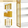 Close-up views of a gold bookshelf's features, with the bookshelf itself visible on the right. Produktbild-Vorschau