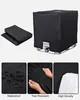 A collage of images showing a black cover for a 1000L IBC water tank, with close-ups highlighting its waterproof, tear-resistant, and high-density features. Produktbild-Vorschau
