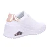 A side view of a white SKECHERS UNO WEDGE-HI STEPS Sneaker with rose gold accents. Voir les images du produit