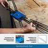 A person's hands are adjusting a blue tool with metal arms on a wooden surface. Náhľad obrázku produktu