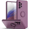 A purple phone case with a ring holder is displayed from multiple angles.