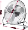 A chrome floor fan is shown with measurements indicated by red arrows and text. Voir les images du produit