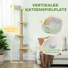 A cat tree is shown in a living room setting next to a sofa, with close-up insets highlighting features. Náhled obrázku produktu