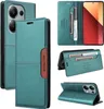 A collage of images showing a teal leather flip wallet phone case for a Xiaomi Redmi Note 13 5G. Produktbild-Vorschau
