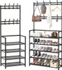 Two metal garment racks with shelves for shoes and hanging items are shown side-by-side against a white background. Náhled obrázku produktu