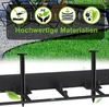A close-up view of black plastic lawn edging installed in the ground, separating a gravel path from a grass lawn. The upper part of the image shows marketing icons and text. Voir les images du produit