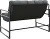 The back view of a grey upholstered garden bench with a black metal frame, shown against a white background. Náhled obrázku produktu