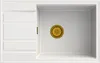 A top-down view of a white kitchen sink with a gold drain. Náhled obrázku produktu